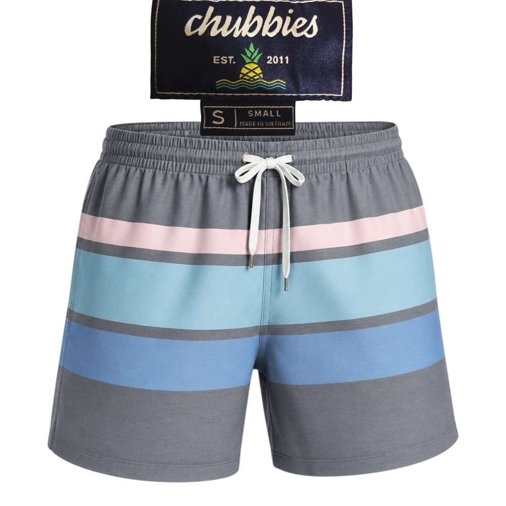 Chubbies Swim Trunks Mens Small Grey Blue Pink Striped Lined Board Shorts